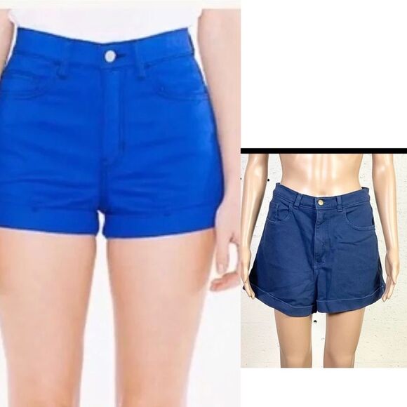 American Apparel Y2K Blue Cotton Denim High Waisted Cuffed Shorts Size 30/31 - Picture 1 of 11